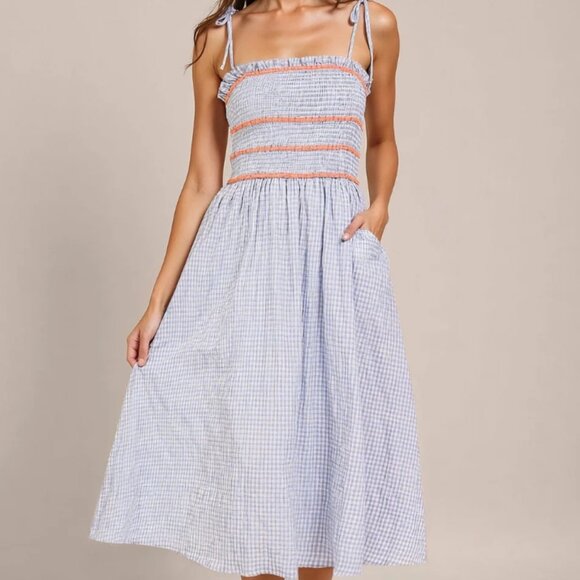 Lumière Women's Tie Shoulder Smocked Fit&Flare Blue & White Gingham Midi Dress L - Picture 1 of 12